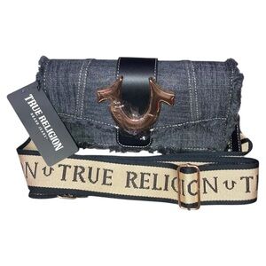 NEW $98 True Religion Black Frayed Denim Flap Handbag Purse